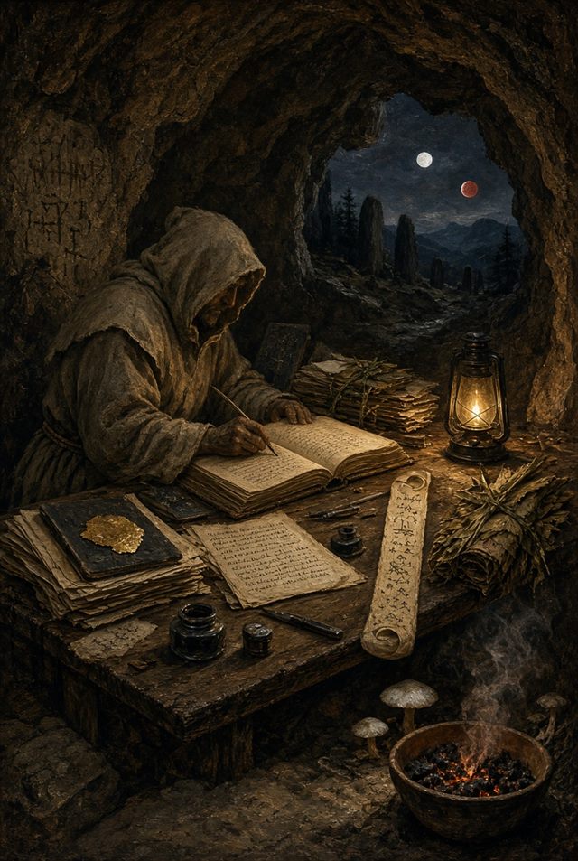 Mordecai, hooded, writing by lantern light in a cave mouth, the white and red moons rising over standing stones outside