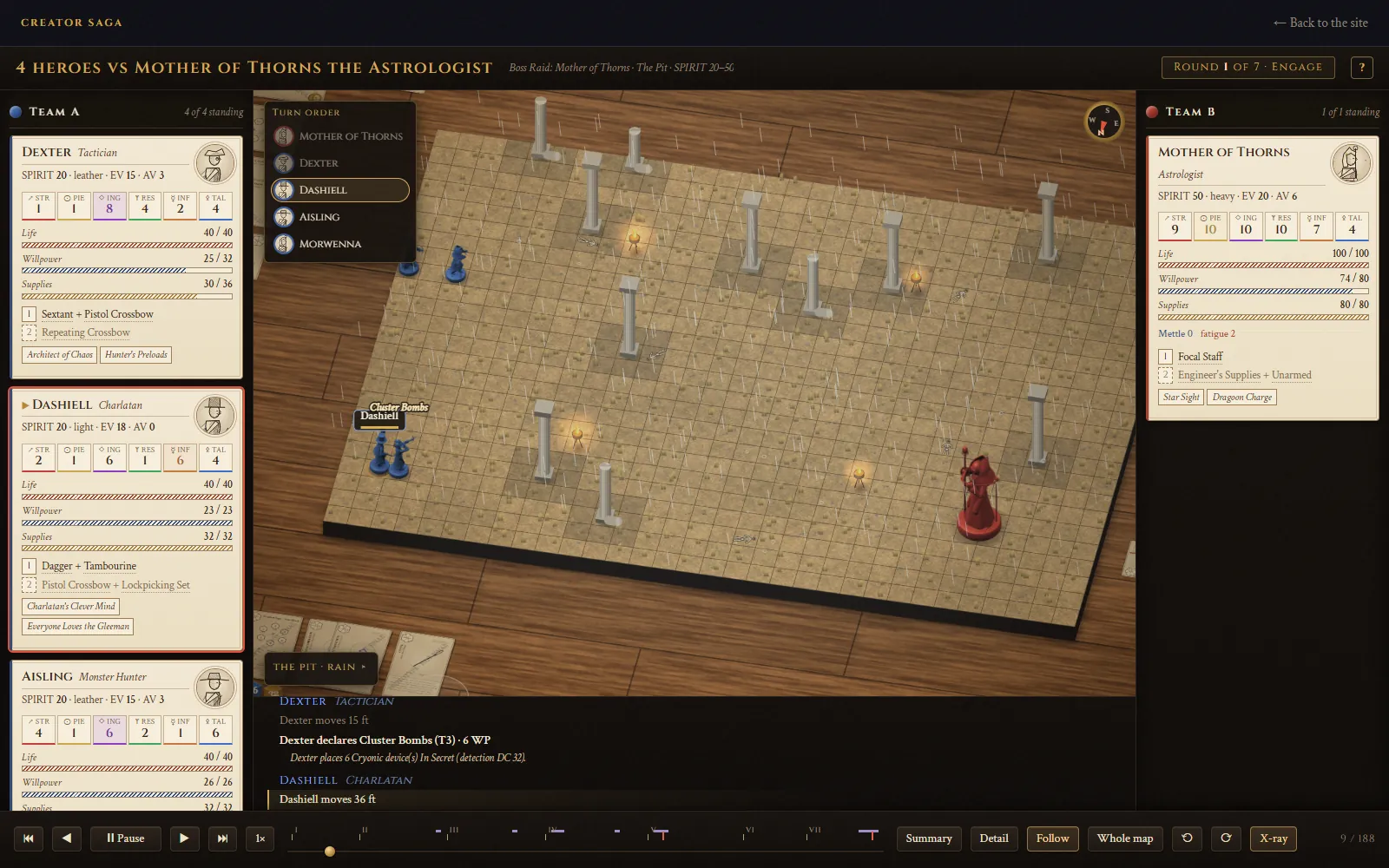 A Live Battle: four heroes on a stone floor among pillars, facing Mother of Thorns, with each hero's Stat Block down the sides and the story of every turn below
